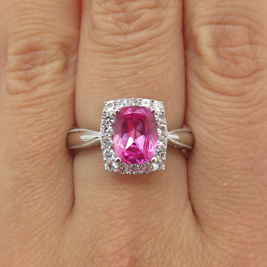 SUN 925 Sterling Silver Lab-Created Pink Sapphire & Topaz Promise Ring Size 8