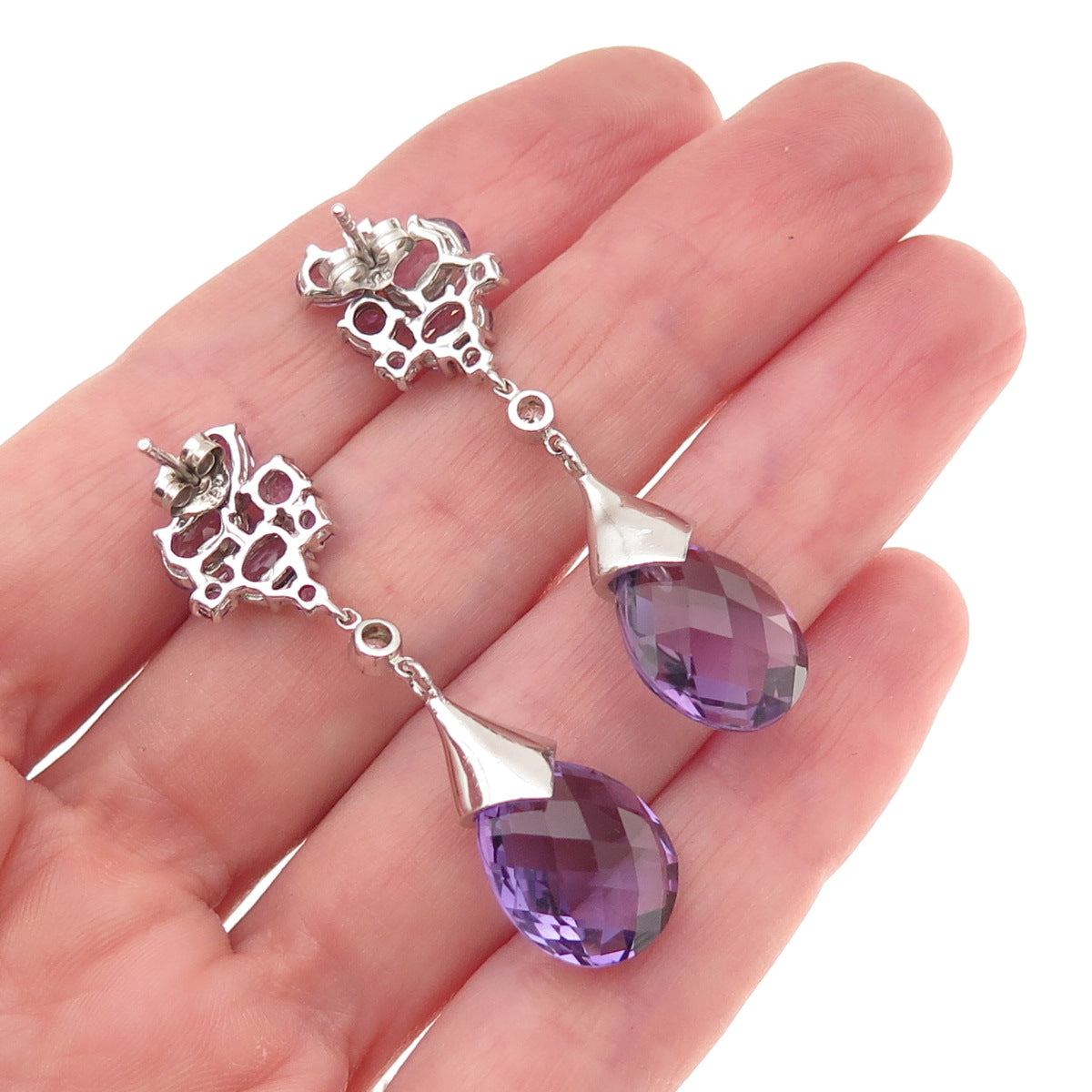 925 Sterling Silver Real Amethyst & C Z Drop Dangle Earrings
