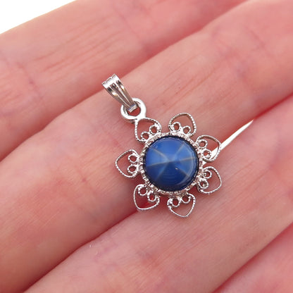 925 Sterling Silver Antique Art Deco Lab-Created Star Sapphire Floral Pendant