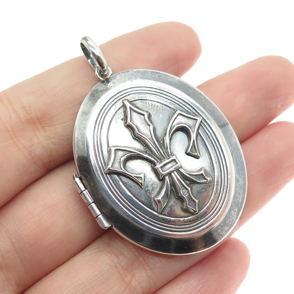 925 Sterling Silver Antique Art Deco Fleur-de-Lis Oxidized Locket Pendant