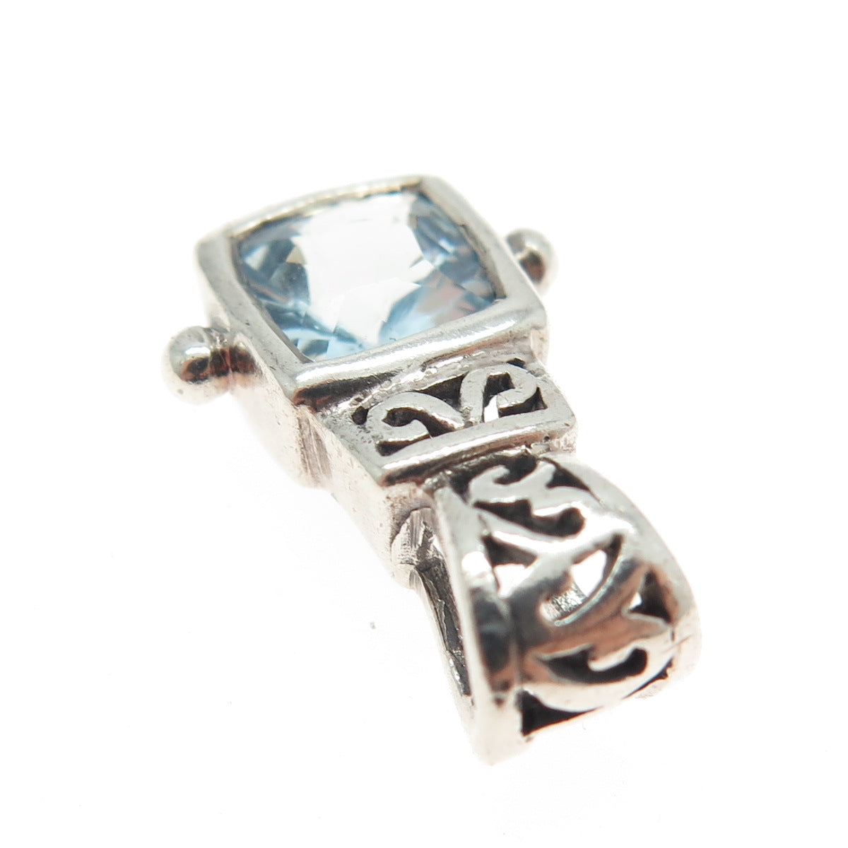 925 Sterling Silver Vintage Real Cushion-Cut Blue Topaz Ornate Pendant