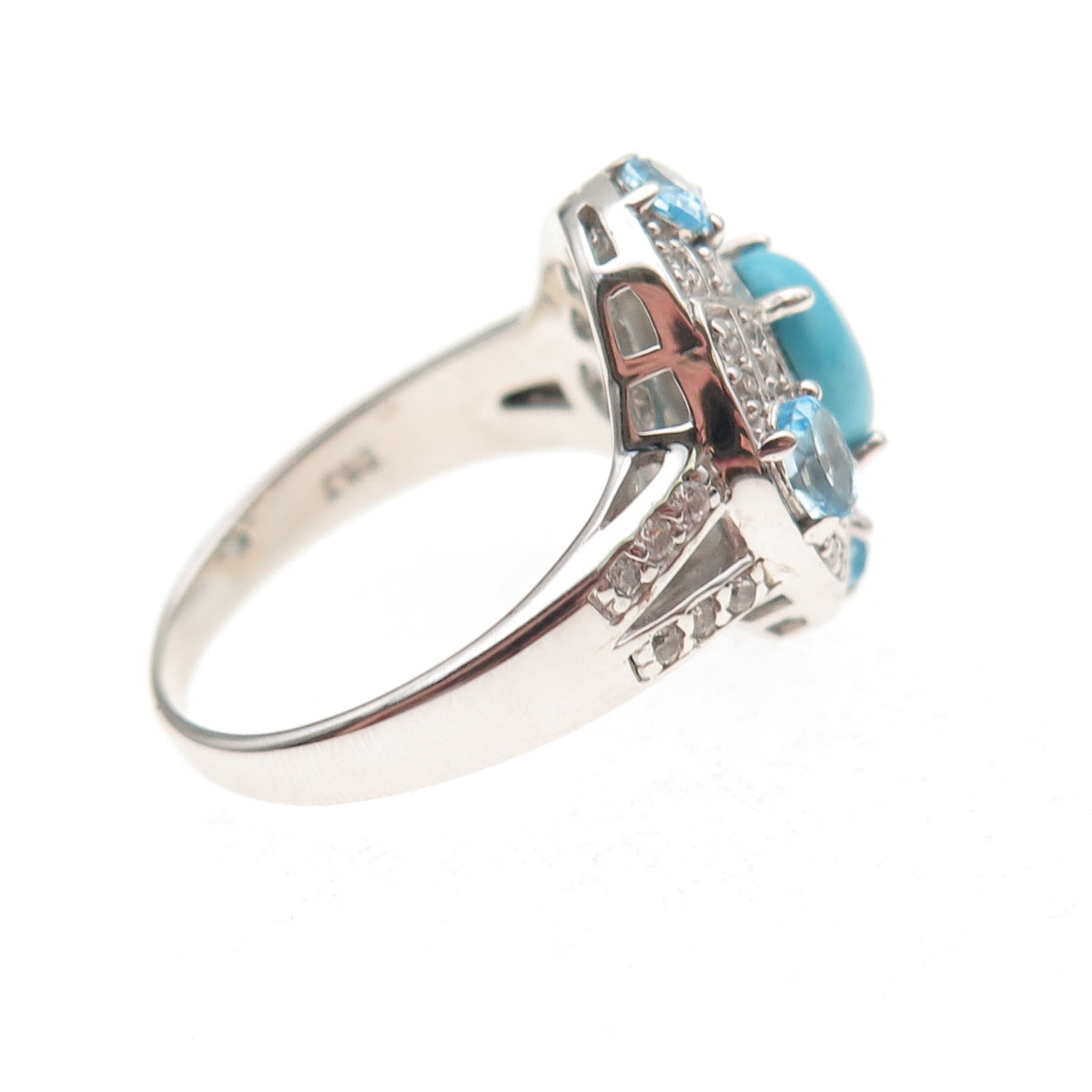 925 Sterling Silver Real Sleeping Beauty Turquoise Blue White Topaz Ring Size 8