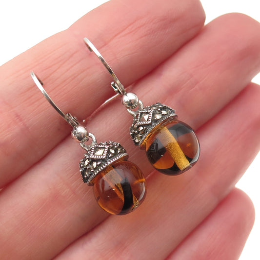 925 Sterling Silver Vintage Real Amber & Marcasite Oxidized Dangle Earrings