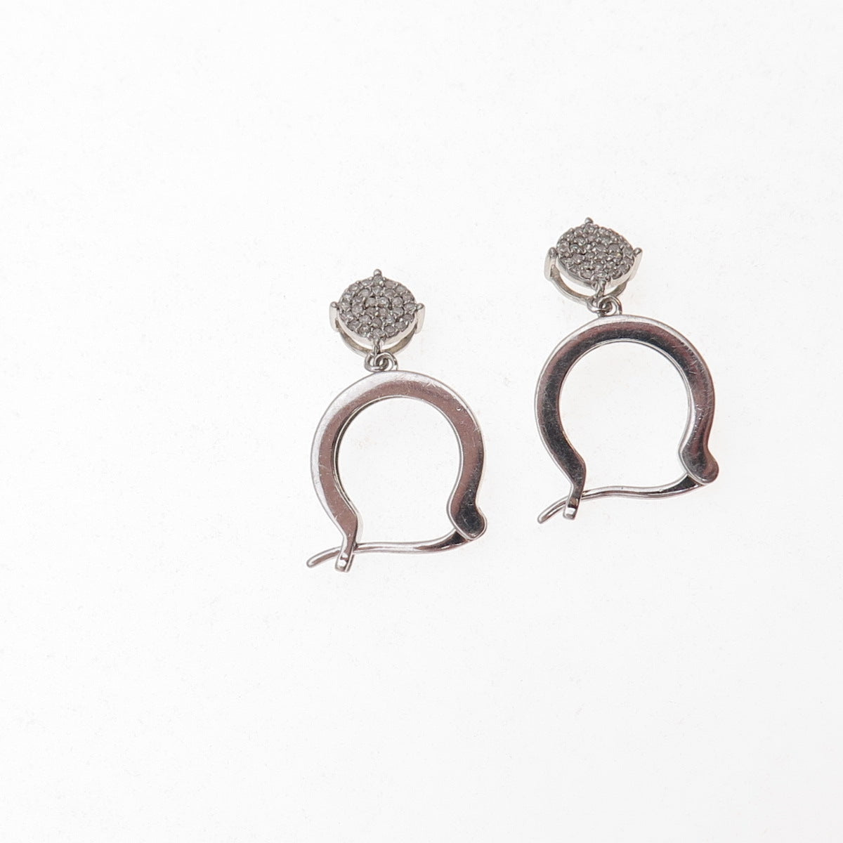 925 Sterling Silver Real Round-Cut Diamond Dangle Charm Hoop Earrings