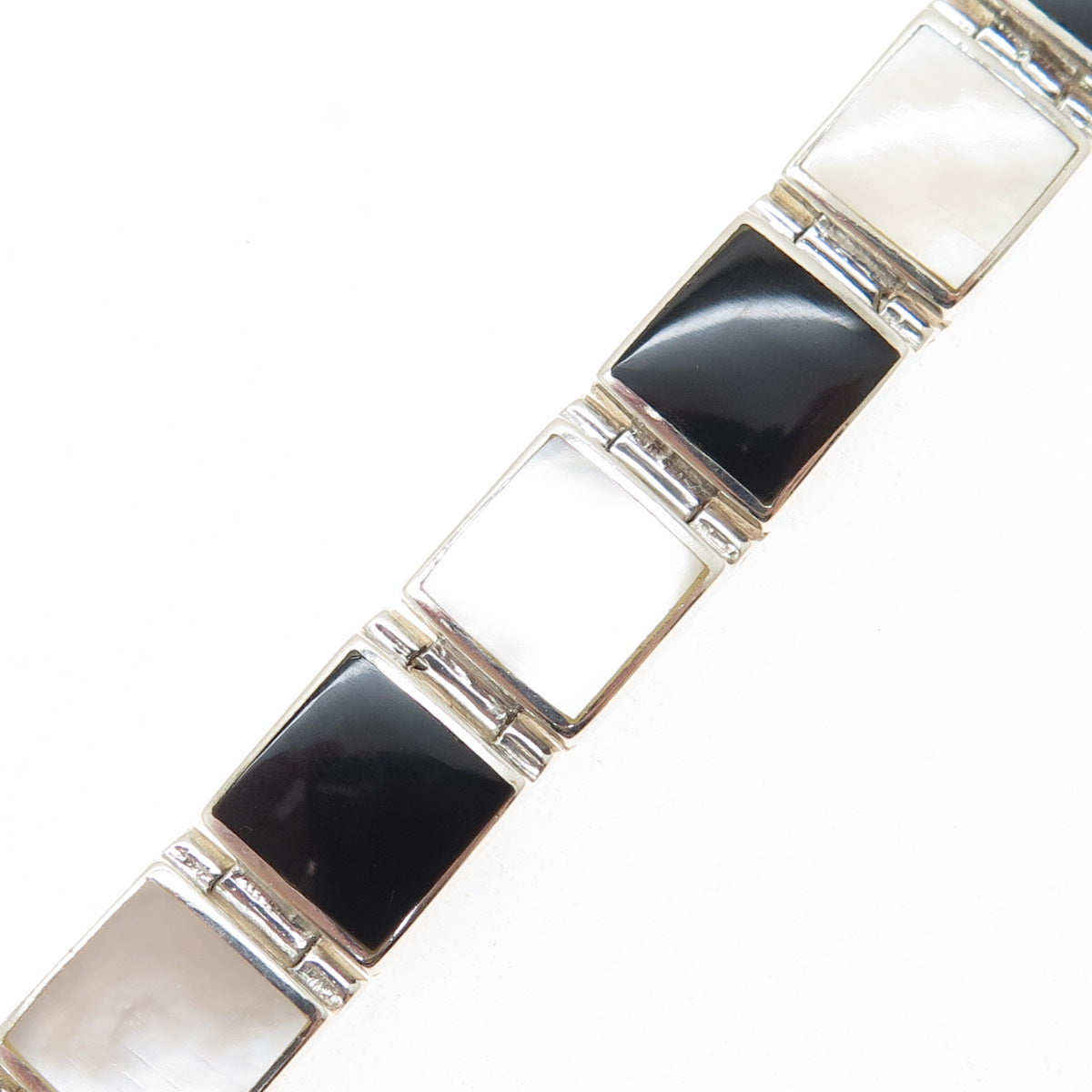 925 Sterling Silver Vintage Real Black Onyx & MOP Panel Link Bracelet 6.5"