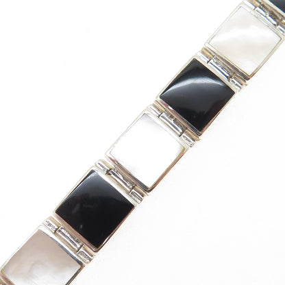 925 Sterling Silver Vintage Real Black Onyx & MOP Panel Link Bracelet 6.5"