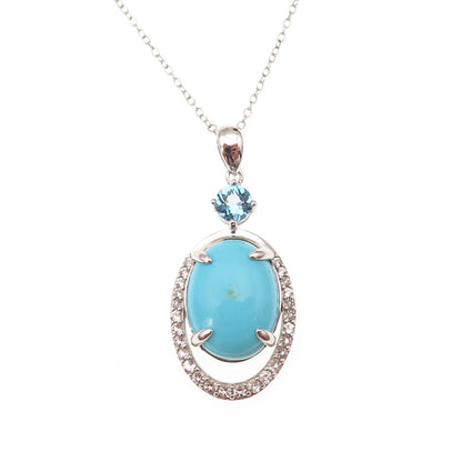 925 Sterling Silver Real Turquoise Blue & White Topaz Cable Chain Necklace 18"