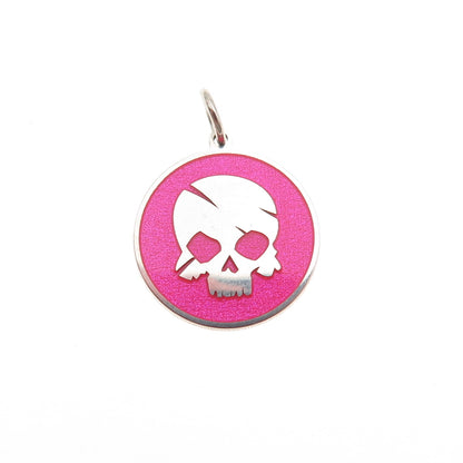 925 Sterling Silver Pink Enamel Skull Round Tag Mini Charm Pendant