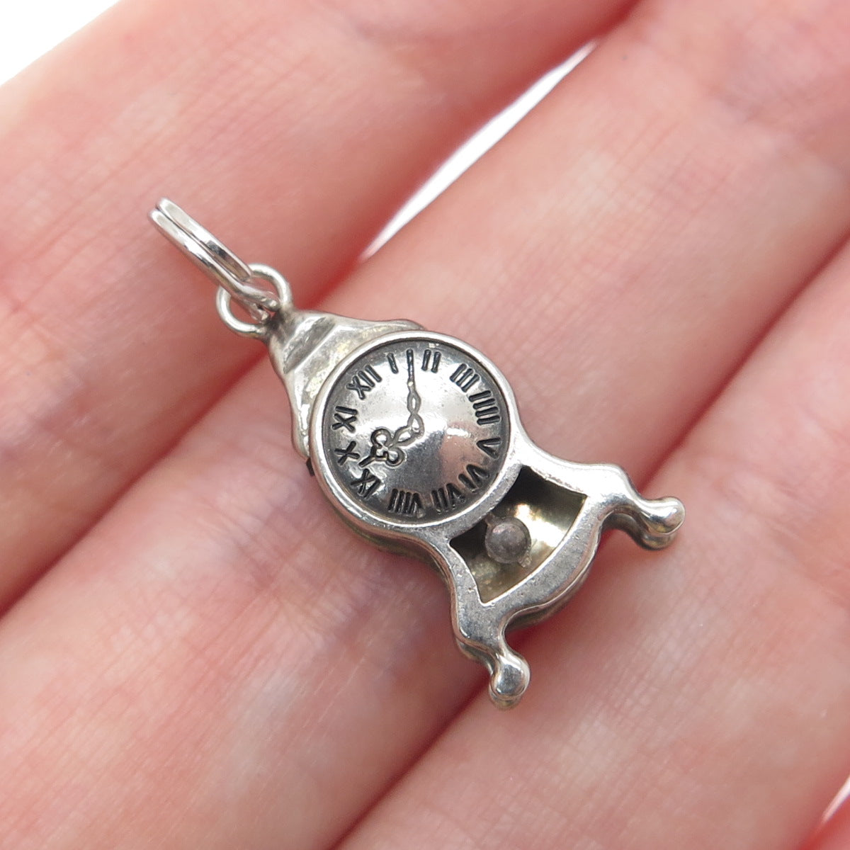 800 Silver Antique Retro Mantle Clock Oxidized Minimalist 3D Charm Pendant