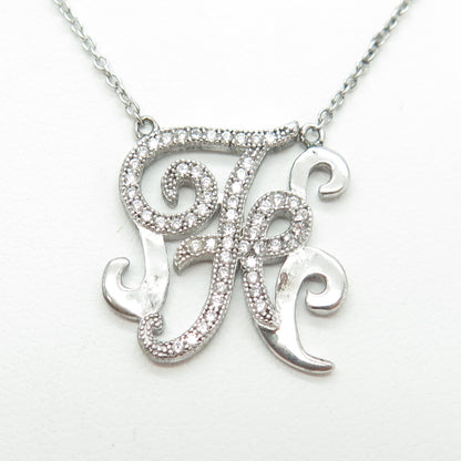 925 Sterling Silver Round-Cut C Z Letter "F" Ornate Cable Chain Necklace 16-18"