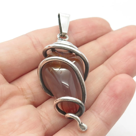 925 Sterling Silver Vintage Real Agate Gem Amulet Pendant