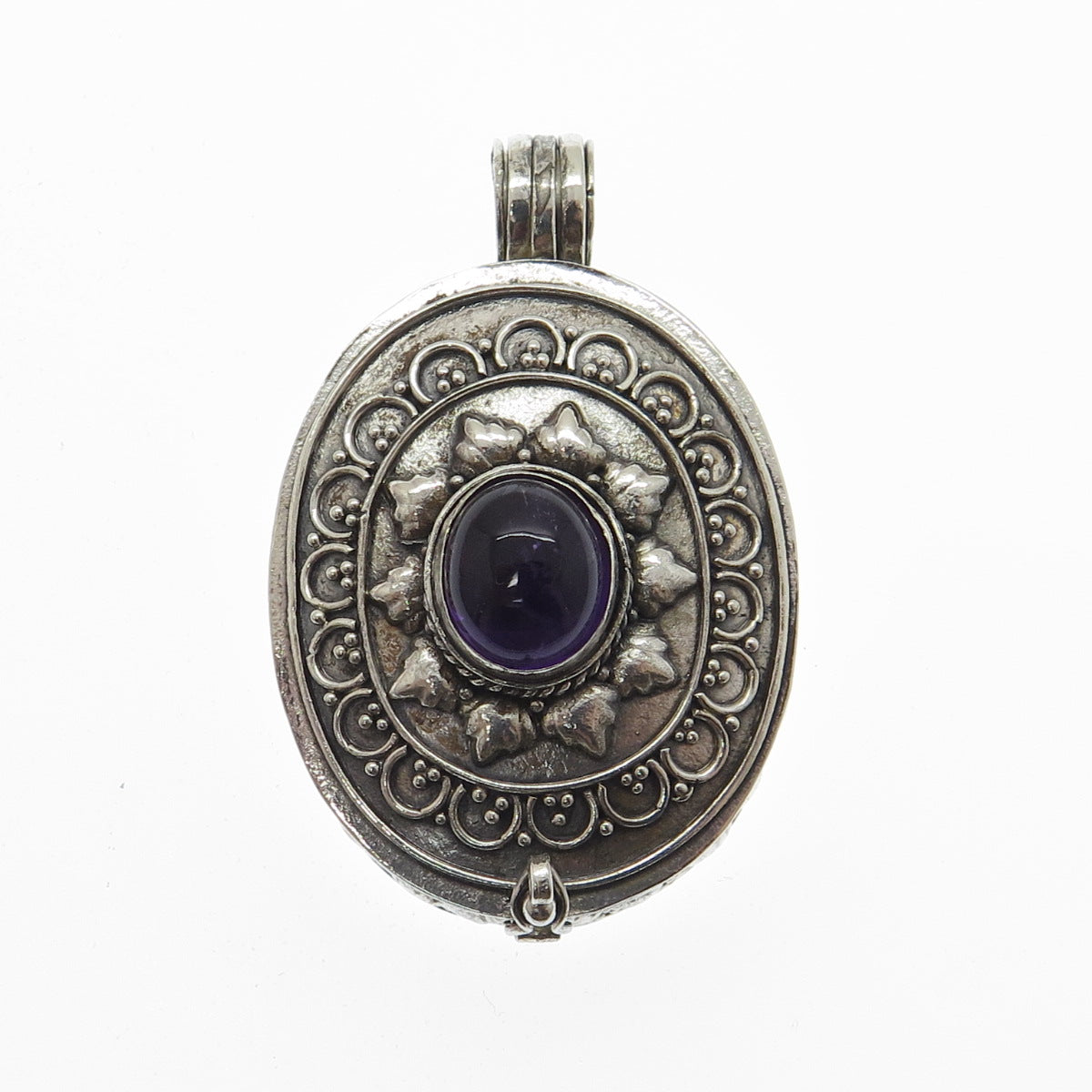 925 Sterling Silver Vintage Real Amethyst Granulated Floral Locket Box Pendant