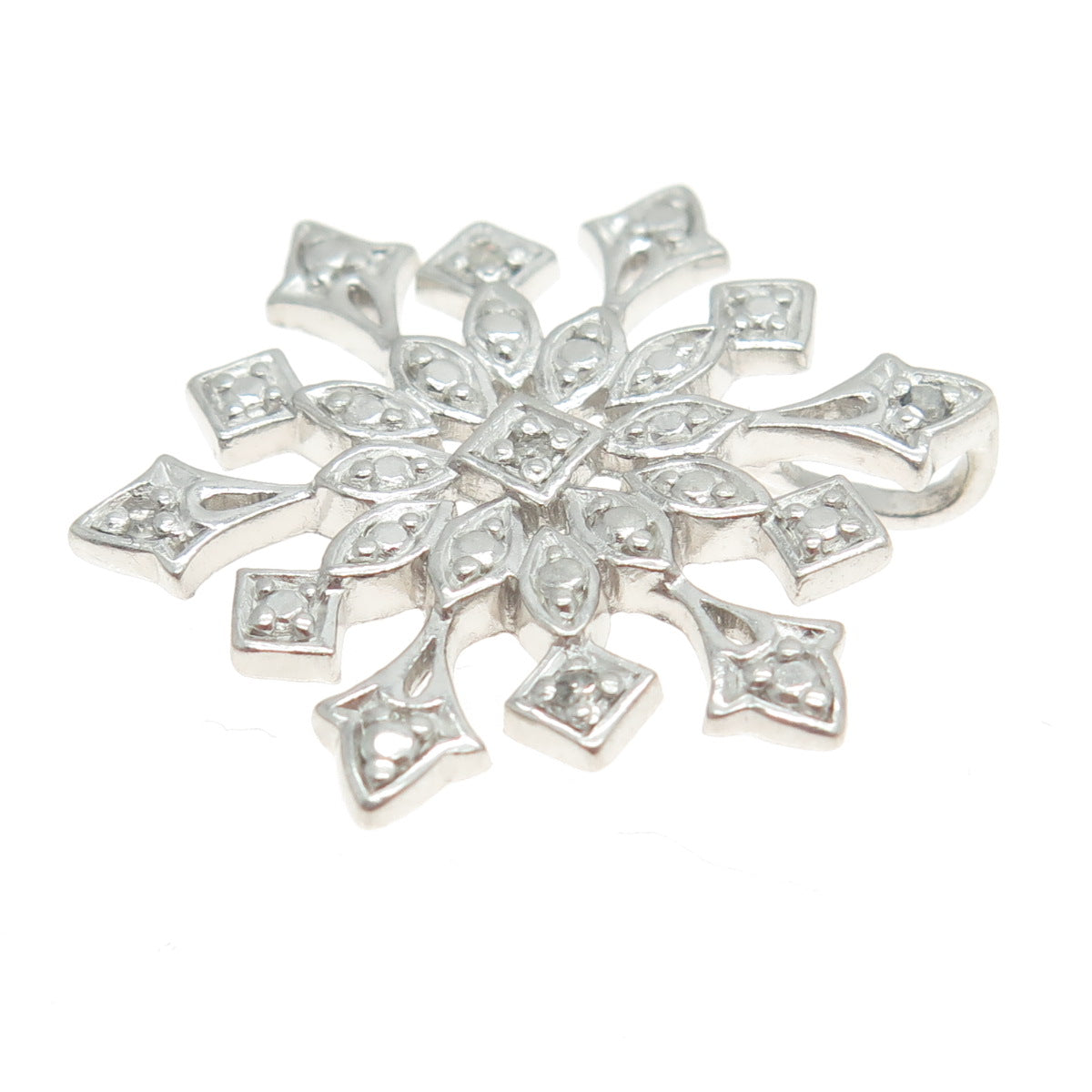 925 Sterling Silver Real Round-Cut Diamond Snowflake Pendant