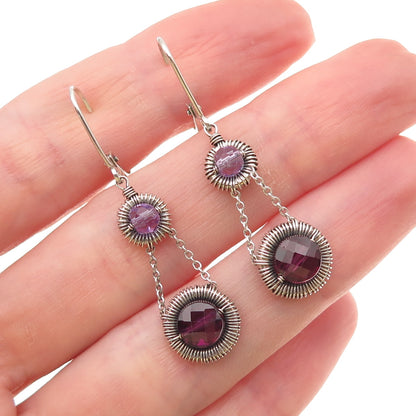 Atelier 925 Sterling Silver Vintage Real Rhodolite & Amethyst Dangle Earrings
