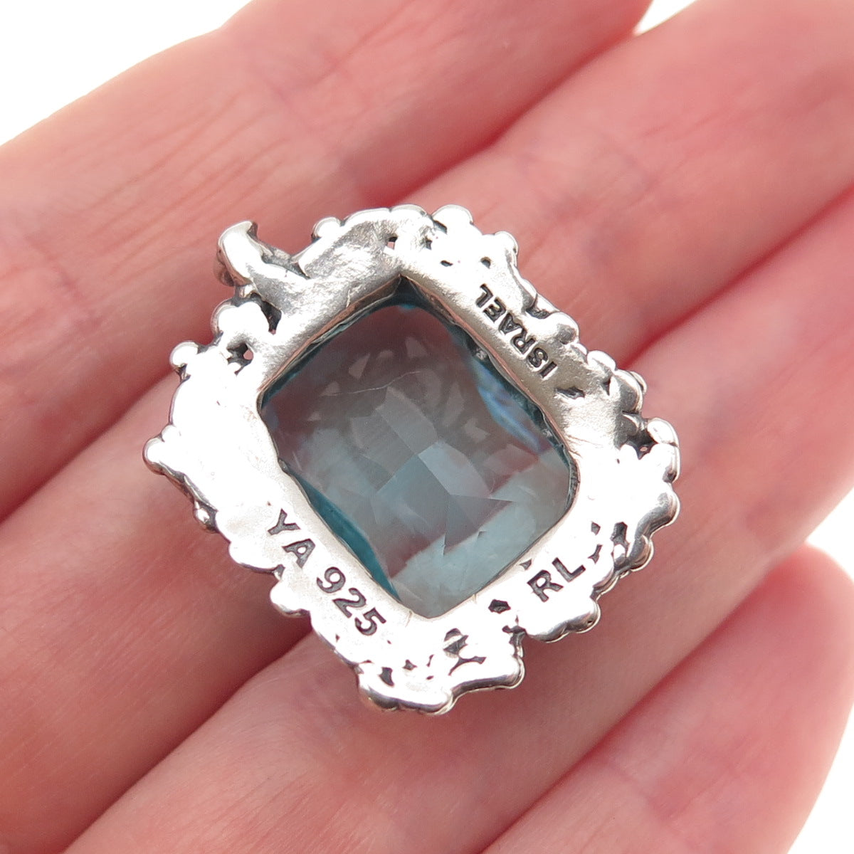 Regina Lane Sterling Vintage Israel Blue C Z Modernist Oxidized Slide Pendant