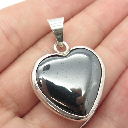 925 Sterling Silver Vintage AIS Mexico Real Hematite Gem Heart Pendant