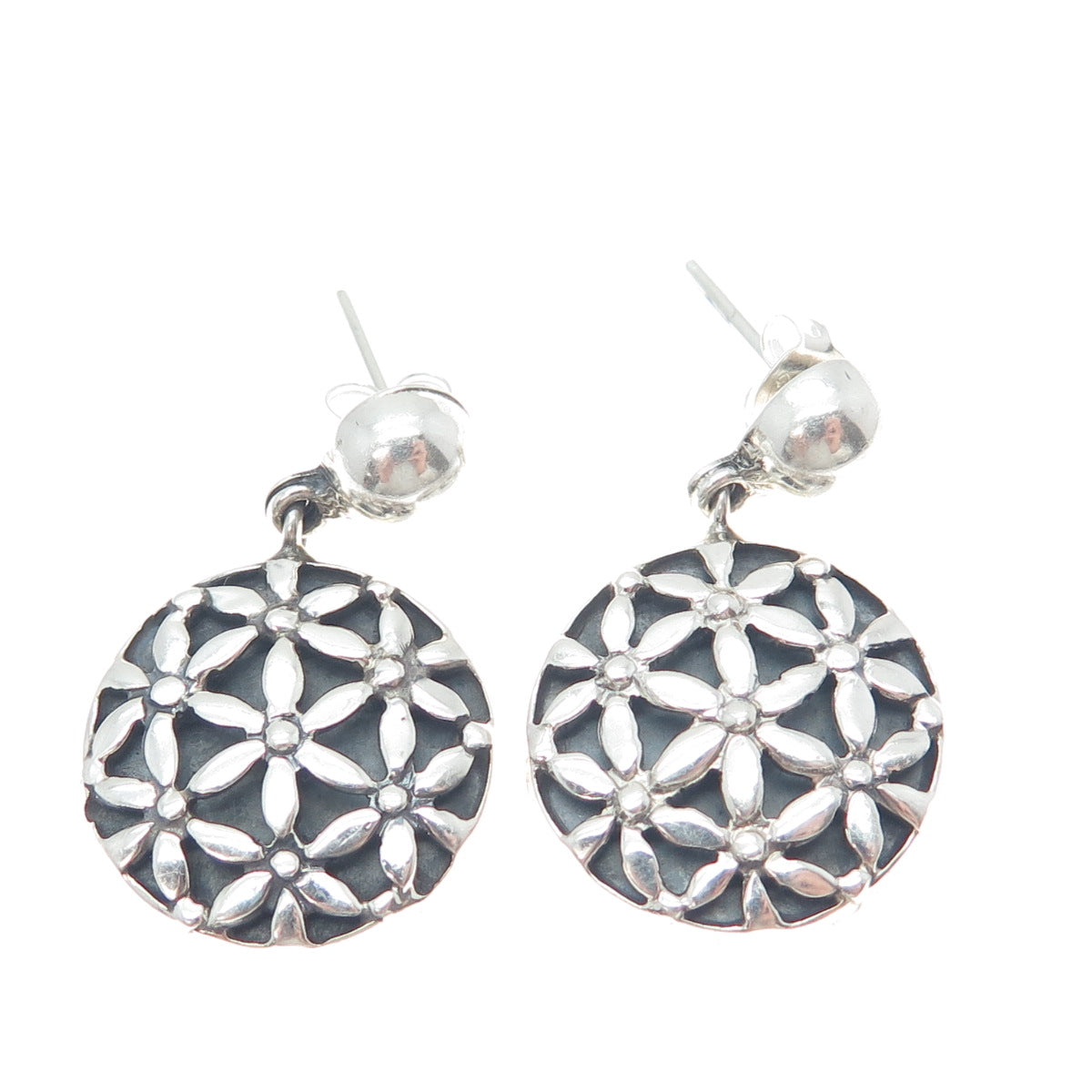 PLATELLA 950 Silver Vintage Floral Round Dangle Earrings