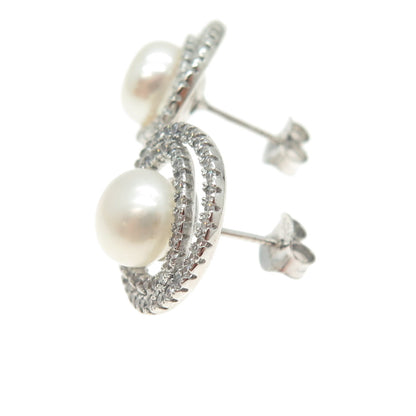 925 Sterling Silver Real Pearl & Round-Cut C Z Multi-Circle Stud Earrings