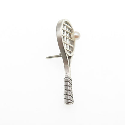 925 Sterling Silver Vintage Real Pearl Tennis Racket Tie Tack / Lapel Pin