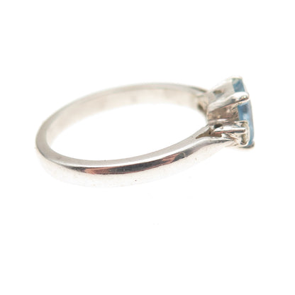 925 Sterling Silver Vintage Real Diamond & Aquamarine Ring Size 5.75