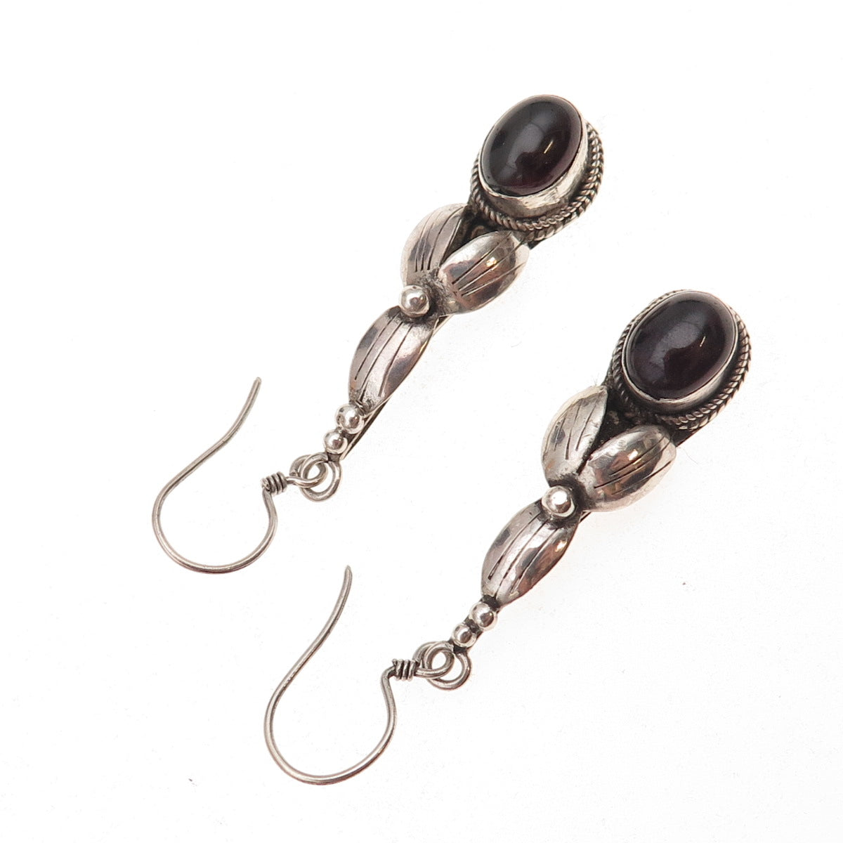 925 Sterling Silver Vintage Real Black Onyx Floral Oxidized Dangle Earrings