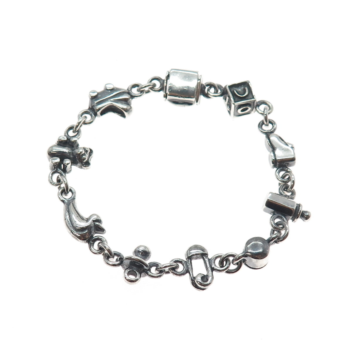 925 Sterling Silver Vintage Baby Charms Oxidized Link Bracelet 6.75"