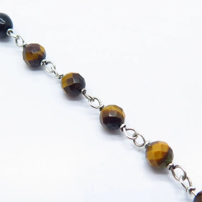 925 Sterling Silver Vintage Real Tiger Eye & Black Onyx Gem Bead Bracelet 7.25"