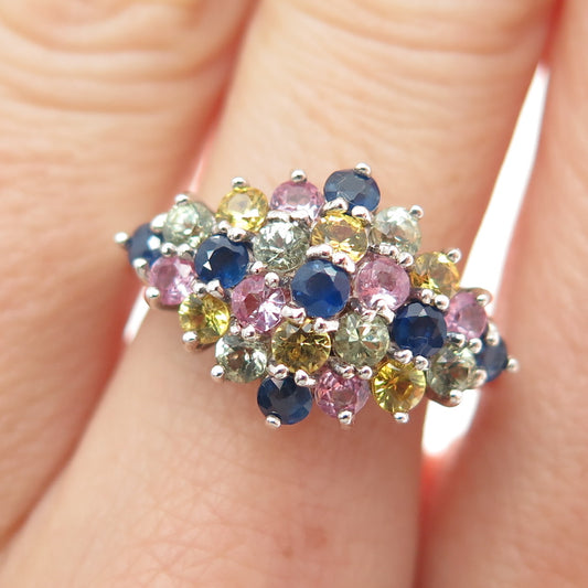 925 Sterling Vintage Real Round-Cut Multi-Color Sapphire Cluster Ring Size 7