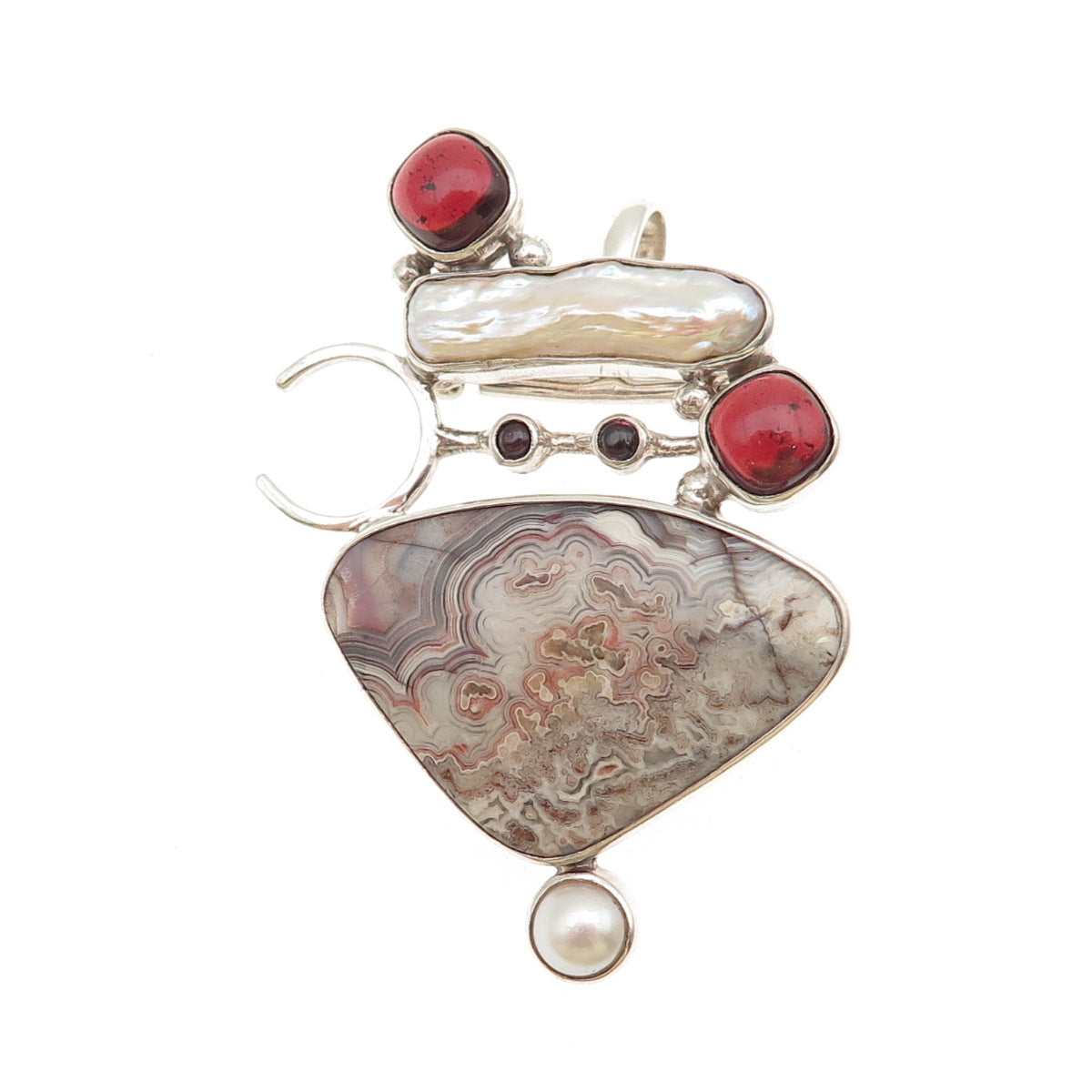 Som’s Sterling Vintage Real Agate Pearl Rhodonite Modernist Pin Brooch / Pendant