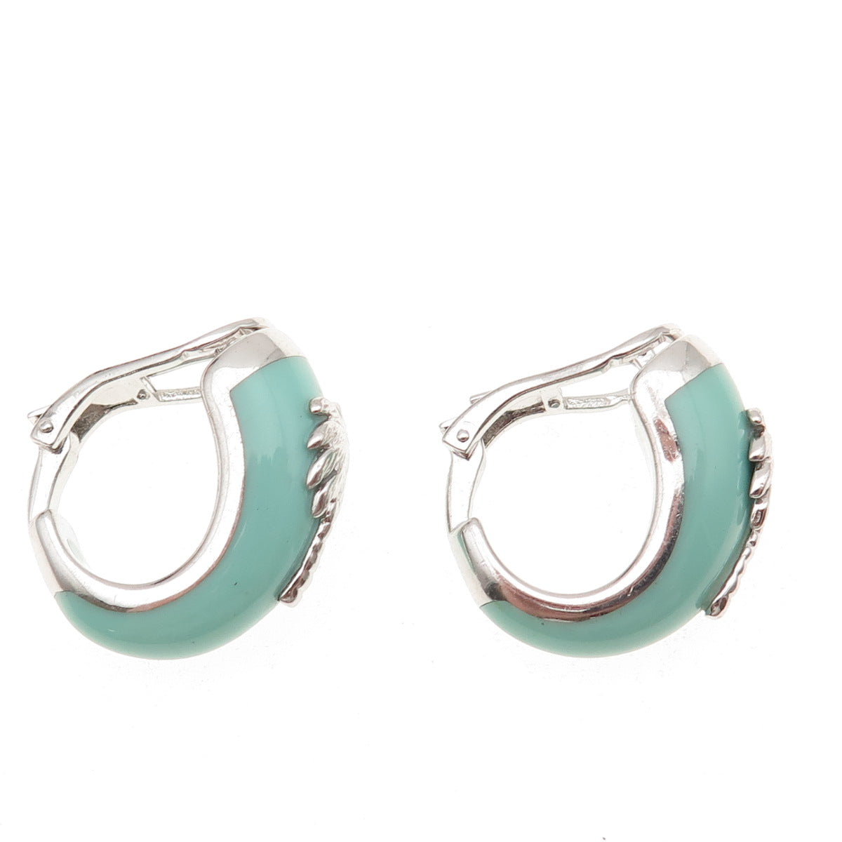 925 Sterling Silver Vintage Enamel Palm Tree Omega Back Hoop Earrings