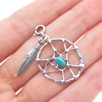 SHUBE Sterling Vintage Turquoise Dreamcatcher Feather Spring Ring Lock Pendant