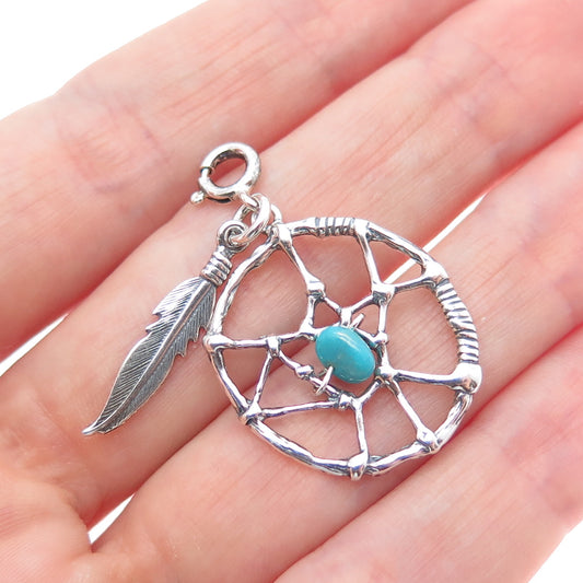 SHUBE Sterling Vintage Turquoise Dreamcatcher Feather Spring Ring Lock Pendant