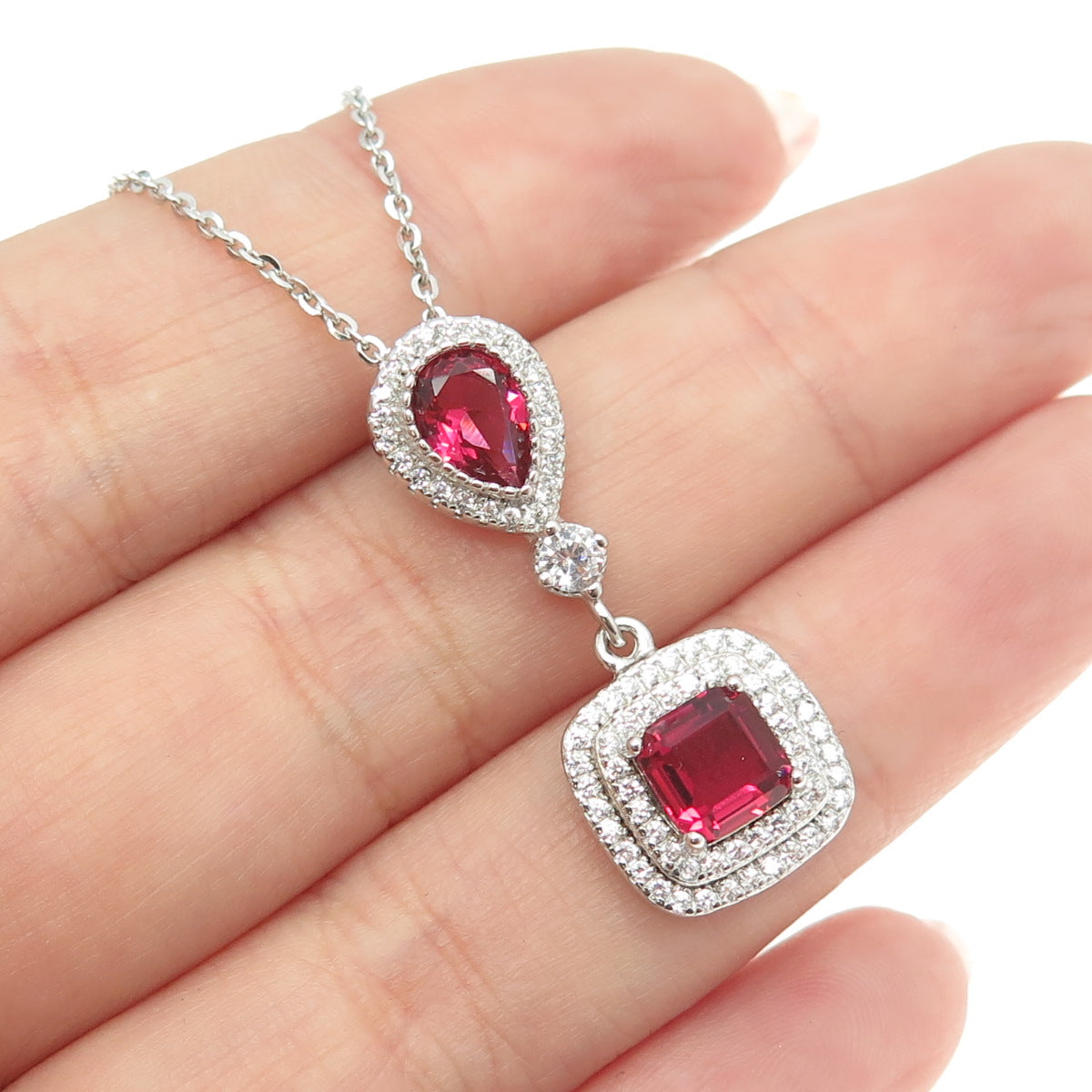 925 Sterling Silver Multi-Cut Pink & White C Z Cable Chain Necklace 16"