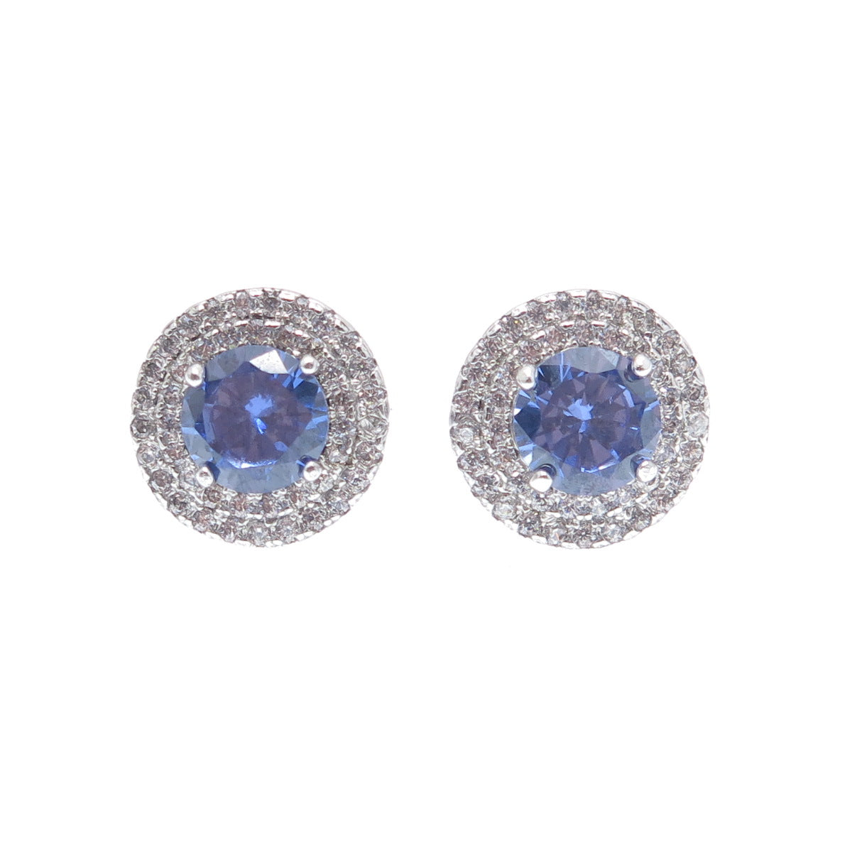 925 Sterling Silver Round-Cut Blue & White C Z Stud Earrings