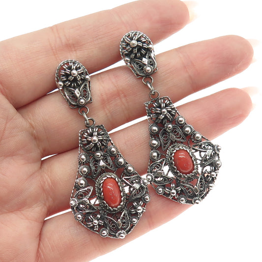 950 Silver Antique Art Deco Coral Filigree Cannetille Oxidized Dangle Earrings