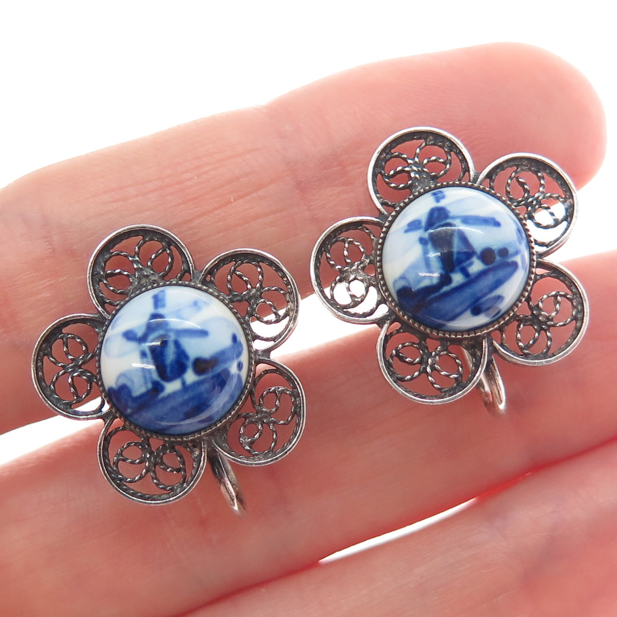 DELFT 835 Silver Vintage Netherlands Ceramic Old Windmill Screw Back Earrings