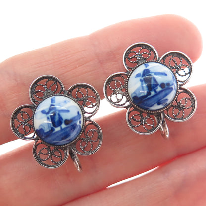 DELFT 835 Silver Vintage Netherlands Ceramic Old Windmill Screw Back Earrings