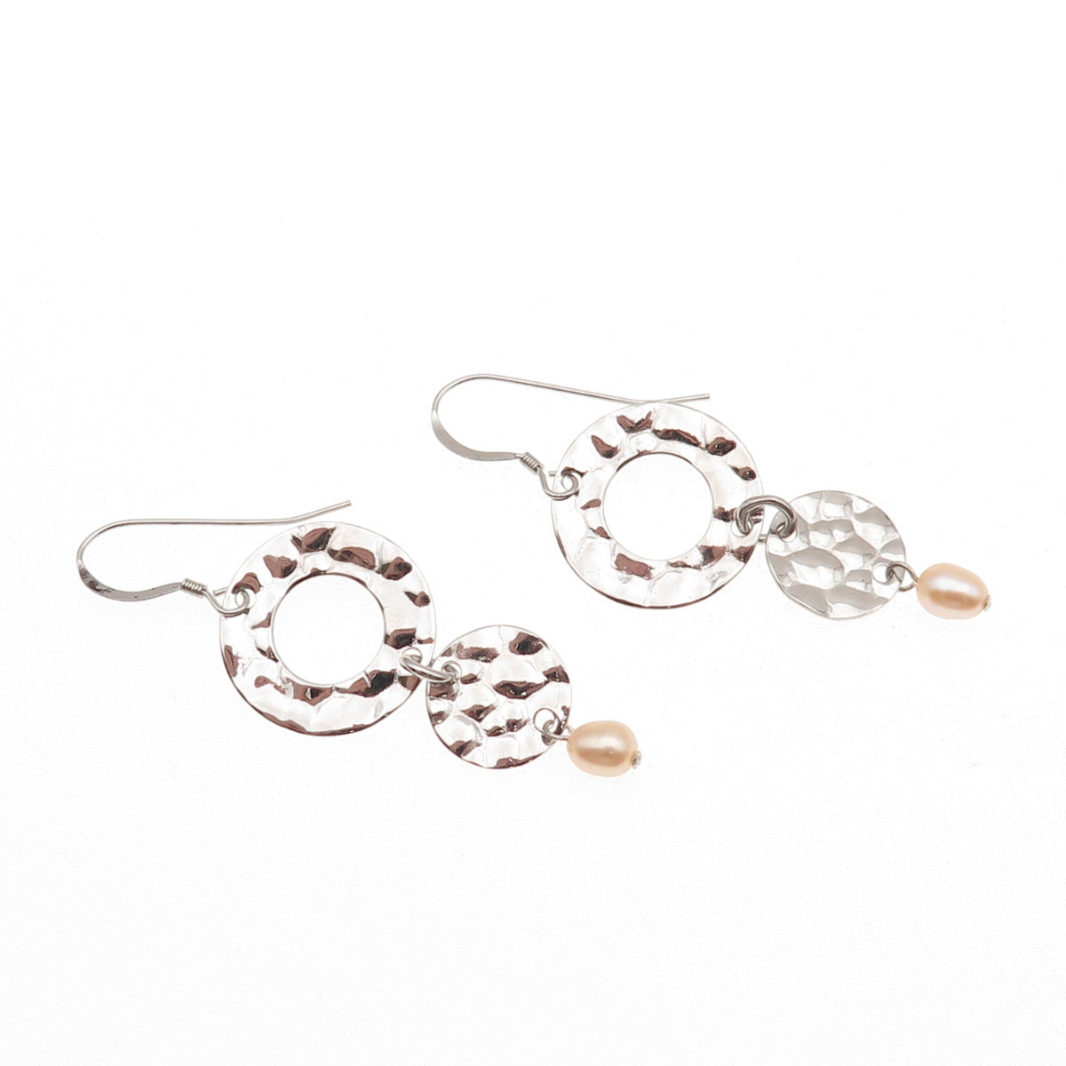 925 Sterling Silver Vintage Real Pearl Modernist Hammered Dangle Earrings
