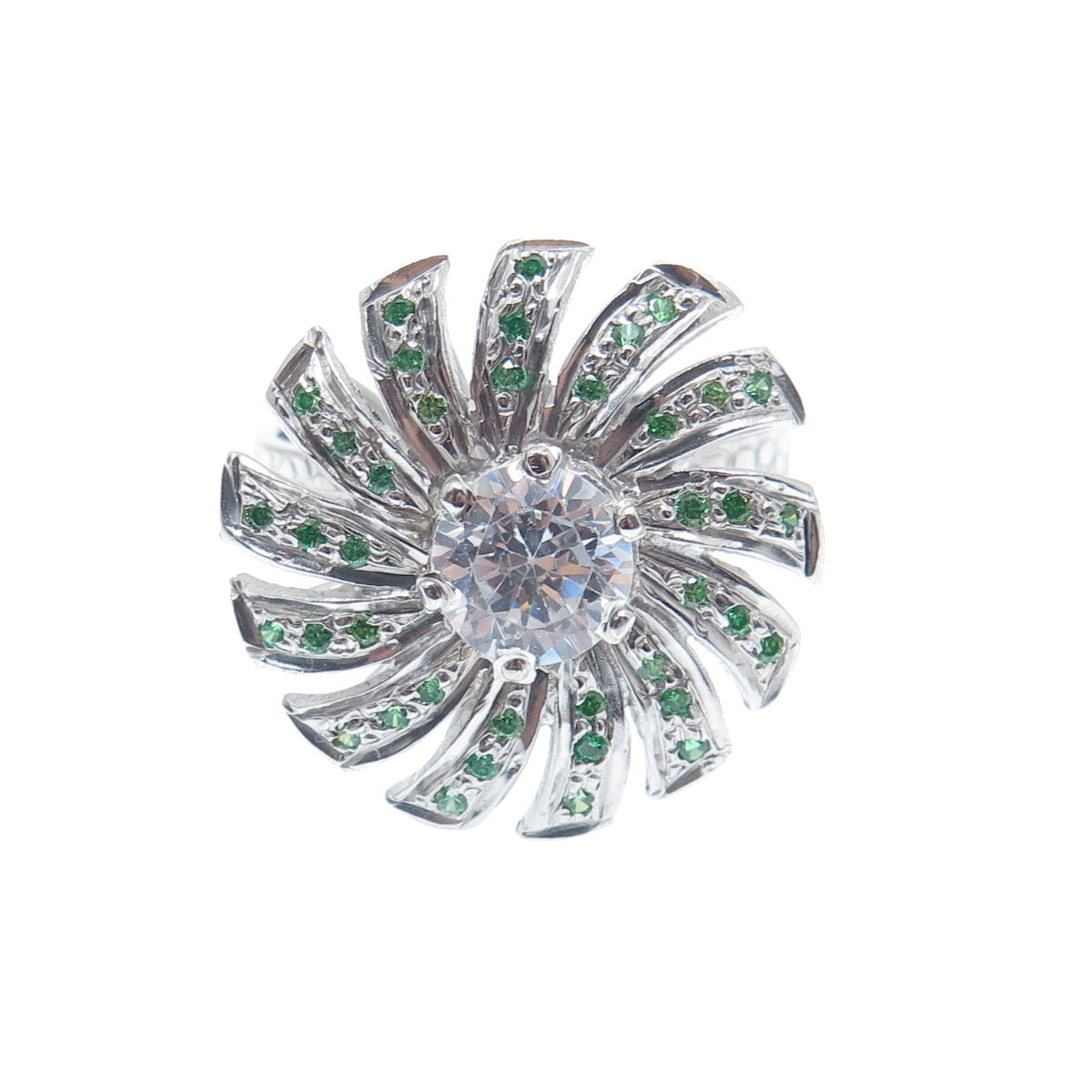 925 Sterling Silver Round-Cut Tsavorite & White C Z Modernist Flower Ring Size 8