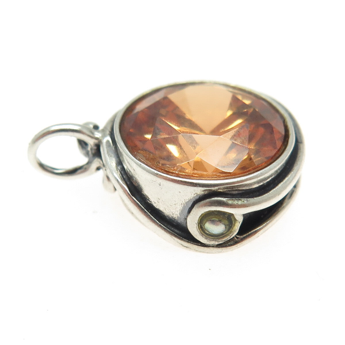 925 Sterling Silver Vintage Real Pearl & Cognac C Z Oxidized Minimalist Pendant