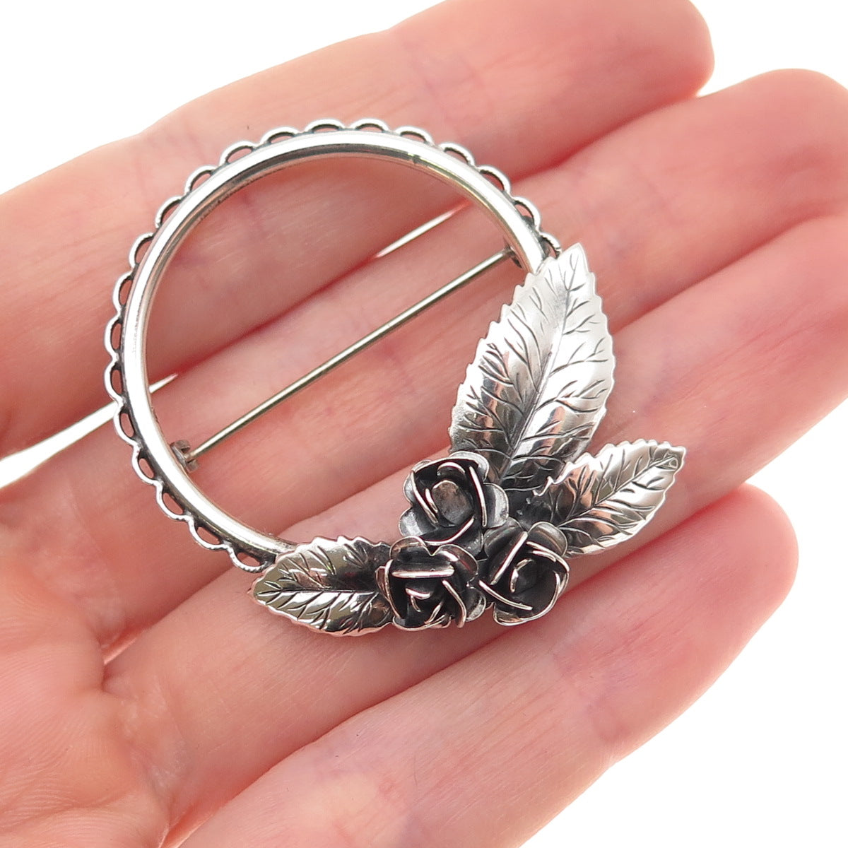 Beau 925 Sterling Silver Vintage Rose Floral Oxidized Pin Brooch