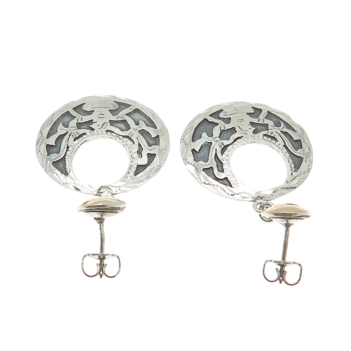 925 Sterling Silver Vintage Aztec Warrior Oxidized Dangle Tribal Earrings