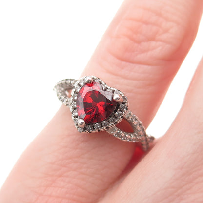 925 Sterling Silver Real Heart-Cut Red Garnet & Round-Cut C Z Ring Size 3.75