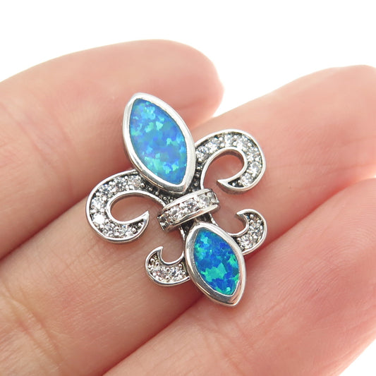 925 Sterling Silver Real Blue Opal Gem Inlay & C Z Fleur de Lis Slide Pendant