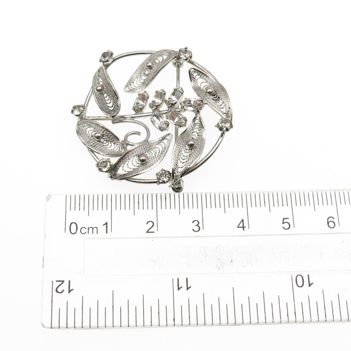 RO-MAN 925 Sterling Silver Vintage Rhinestone Floral Filigree Pin Brooch