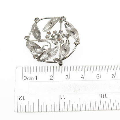 RO-MAN 925 Sterling Silver Vintage Rhinestone Floral Filigree Pin Brooch