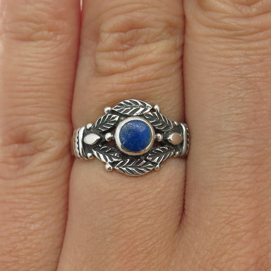 925 Sterling Silver Vintage Real Lapis Lazuli Gemstone Leaf Ring Size 6.5