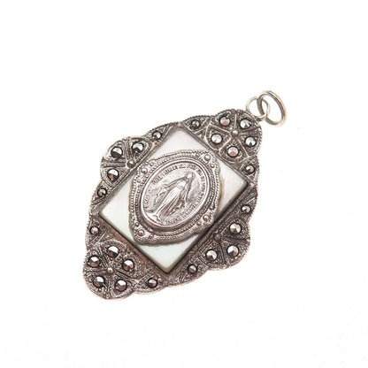 Theda Sterling Silver Antique Art Deco Real MOP Marcasite St. Mary Charm Pendant