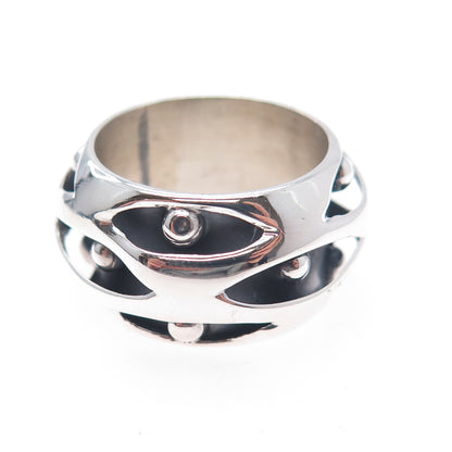925 Sterling Silver Vintage Mexico Modernist Beaded Oxidized Band Ring Size 8.25