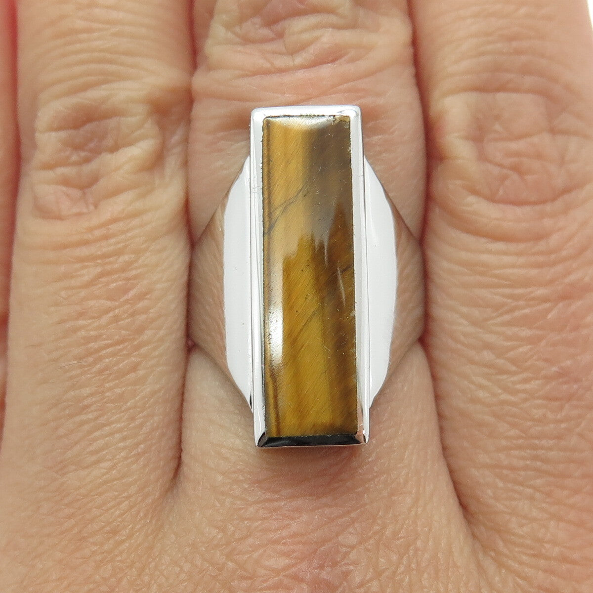 925 Sterling Silver Real Tiger Eye Modernist Bar Ring Size 7